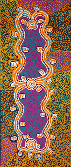 Australian Indigenous (Aboriginal and Torres Strait Islander) artwork by PADDY JAPALJARRI STEWART of Warlukurlangu Artists (Yuendumu). The title is Door 19 - (2/2 Panels) - Janganpa manu Jajirdi Jukurrpa (Possum and Native Cat/Western Quoll Dreaming). [1826/11] (Acrylic on Belgian Linen)