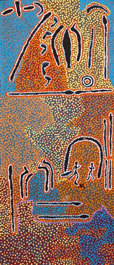 Australian Indigenous (Aboriginal and Torres Strait Islander) artwork by PADDY JAPALJARRI STEWART of Warlukurlangu Artists (Yuendumu). The title is Door 2 - Wati Jarra Jukurrpa (Two Men Dreaming). [2610/11] (Acrylic on Belgian Linen)