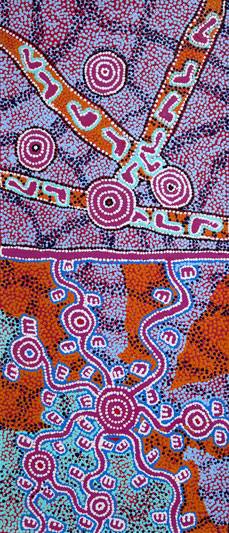 Australian Indigenous (Aboriginal and Torres Strait Islander) artwork by PADDY JAPALJARRI STEWART of Warlukurlangu Artists (Yuendumu). The title is Door 20 - Janganpa Jukurrpa (Brush-tailed Possum Dreaming) - Mungapunju. [2541/11] (Acrylic on Belgian Linen)