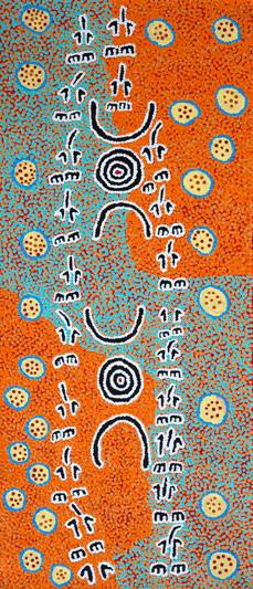 Australian Indigenous (Aboriginal and Torres Strait Islander) artwork by PADDY JAPALJARRI STEWART of Warlukurlangu Artists (Yuendumu). The title is Door 21 - Marlu Jukurrpa (Red Kangaroo Dreaming). [2190/11] (Acrylic on Belgian Linen)