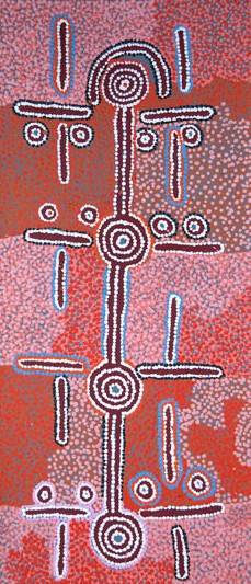 Australian Indigenous (Aboriginal and Torres Strait Islander) artwork by PADDY JAPALJARRI STEWART of Warlukurlangu Artists (Yuendumu). The title is Door 22 - Yurrampi Jukurrpa (Honey Ant Dreaming). [3055/11] (Acrylic on Belgian Linen)