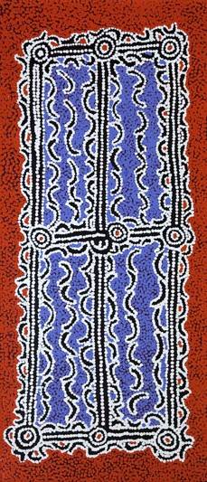 Australian Indigenous (Aboriginal and Torres Strait Islander) artwork by PADDY JAPALJARRI STEWART of Warlukurlangu Artists (Yuendumu). The title is Door 23 - Yurrampi Jukurrpa (Honey Ant Dreaming). [397/11] (Acrylic on Belgian Linen)