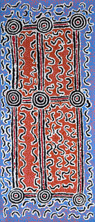 Australian Indigenous (Aboriginal and Torres Strait Islander) artwork by PADDY JAPALJARRI STEWART of Warlukurlangu Artists (Yuendumu). The title is Door 23 - Yurrampi Jukurrpa (Honey Ant Dreaming). [4873/10] (Acrylic on Belgian Linen)