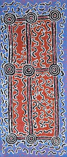 Australian Indigenous (Aboriginal and Torres Strait Islander) artwork by PADDY JAPALJARRI STEWART of Warlukurlangu Artists (Yuendumu). The title is Door 23 - Yurrampi Jukurrpa (Honey Ant Dreaming). [4873/10] (Acrylic on Belgian Linen)