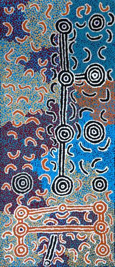 Australian Indigenous (Aboriginal and Torres Strait Islander) artwork by PADDY JAPALJARRI STEWART of Warlukurlangu Artists (Yuendumu). The title is Door 24 - Yurrampi manu Wakapartari Jukurrpa (Honey Ant Dreaming and Mulga Worm
Dreaming). [1466/11] (Acrylic on Belgian Linen)
