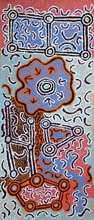 Australian Indigenous (Aboriginal and Torres Strait Islander) artwork by PADDY JAPALJARRI STEWART of Warlukurlangu Artists (Yuendumu). The title is Door 25 - Yurrampi manu Jiplayaku (Honey Ant and Duck Dreaming). [2892/11] (Acrylic on Belgian Linen)