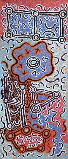 Australian Indigenous (Aboriginal and Torres Strait Islander) artwork by PADDY JAPALJARRI STEWART of Warlukurlangu Artists (Yuendumu). The title is Door 25 - Yurrampi manu Jiplayaku (Honey Ant and Duck Dreaming). [2892/11] (Acrylic on Belgian Linen)