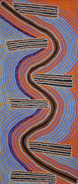 Australian Indigenous (Aboriginal and Torres Strait Islander) artwork by PADDY JAPALJARRI STEWART of Warlukurlangu Artists (Yuendumu). The title is Door 28 - Ngapa Jukurrpa (Rain/Water Dreaming). [1948/11] (Acrylic on Belgian Linen)