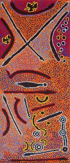 Australian Indigenous (Aboriginal and Torres Strait Islander) artwork by PADDY JAPALJARRI STEWART of Warlukurlangu Artists (Yuendumu). The title is Door 3 - Wati Jarra Jukurrpa (Two Men Dreaming). [2612/11] (Acrylic on Belgian Linen)