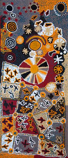 Australian Indigenous (Aboriginal and Torres Strait Islander) artwork by PADDY JAPALJARRI STEWART of Warlukurlangu Artists (Yuendumu). The title is Door 30 - Wangarla, Janganpa manu Parra (Crow, Possum and Dawn Dreaming). [2013/11] (Acrylic on Belgian Linen)