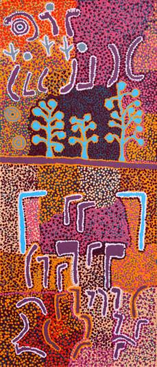 Australian Indigenous (Aboriginal and Torres Strait Islander) artwork by PADDY JAPALJARRI STEWART of Warlukurlangu Artists (Yuendumu). The title is Door 4 - Purlka-purlka Jukurrpa (Old Men Dreaming). [572/11] (Acrylic on Belgian Linen)