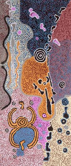 Australian Indigenous (Aboriginal and Torres Strait Islander) artwork by PADDY JAPALJARRI STEWART of Warlukurlangu Artists (Yuendumu). The title is Door 5 - (1/2 panels) - Muturnapardu Jukurrpa (Old Woman Dreaming). [2411/11] (Acrylic on Belgian Linen)