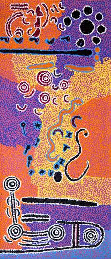 Australian Indigenous (Aboriginal and Torres Strait Islander) artwork by PADDY JAPALJARRI STEWART of Warlukurlangu Artists (Yuendumu). The title is Door 5 - (2/2 panels) Muturnapardu Jukurrpa (Old Woman Dreaming). [2643/11] (Acrylic on Belgian Linen)