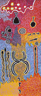 Australian Indigenous (Aboriginal and Torres Strait Islander) artwork by PADDY JAPALJARRI STEWART of Warlukurlangu Artists (Yuendumu). The title is Door 5 - Muturnapardu Jukurrpa (Old Woman Dreaming). [218/11] (Acrylic on Belgian Linen)