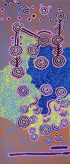 Australian Indigenous (Aboriginal and Torres Strait Islander) artwork by PADDY JAPALJARRI STEWART of Warlukurlangu Artists (Yuendumu). The title is Door 6 - Wardilyka manu Yankirri (Bush Turkey and Emu Dreaming). [2793/11] (Acrylic on Belgian Linen)