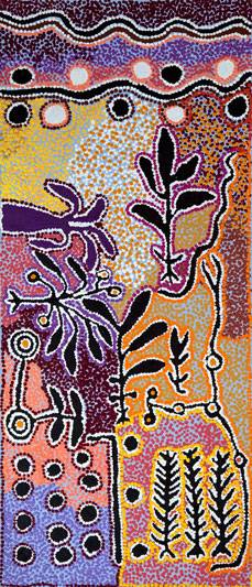 Australian Indigenous (Aboriginal and Torres Strait Islander) artwork by PADDY JAPALJARRI STEWART of Warlukurlangu Artists (Yuendumu). The title is Door 7 - Puurda manu Wanakiji Jukurrpa (Yam and Bush Tomato Dreaming). [4658/10] (Acrylic on Belgian Linen)