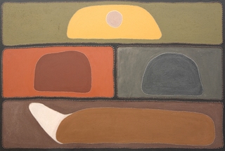 Australian Indigenous (Aboriginal and Torres Strait Islander) artwork by GABRIEL NODEA of Warmun Artists. The title is Dreamtime Flashback – Kija Country. [701/07] (Natural Ochre and Pigments on Canvas)