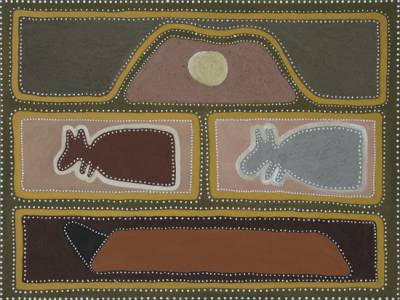 Australian Indigenous (Aboriginal and Torres Strait Islander) artwork by GABRIEL NODEA of Warmun Artists. The title is Dreamtime Flashback - Kija Country. [WAC 342/08] (Natural Ochre and Pigments on Canvas)