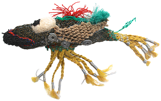 Australian Indigenous (Aboriginal and Torres Strait Islander) artwork by JIMMY JOHN THAIDAY of Erub Erwer Meta. The title is Dthaughee. [16-179] (Ghost Nets, Plastic Trellis & Twine)