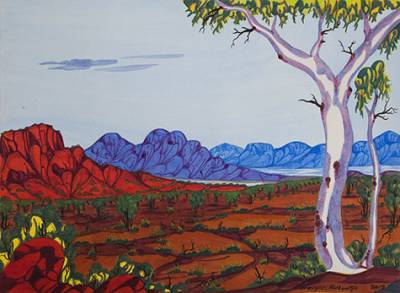 Australian Indigenous (Aboriginal and Torres Strait Islander) artwork by MERVYN RUBUNTJA of Ngurratjuta Iltja Ntjarra (Many Hands). The title is East MacDonnell Ranges, NT. [163-13] (Watercolour on Paper)