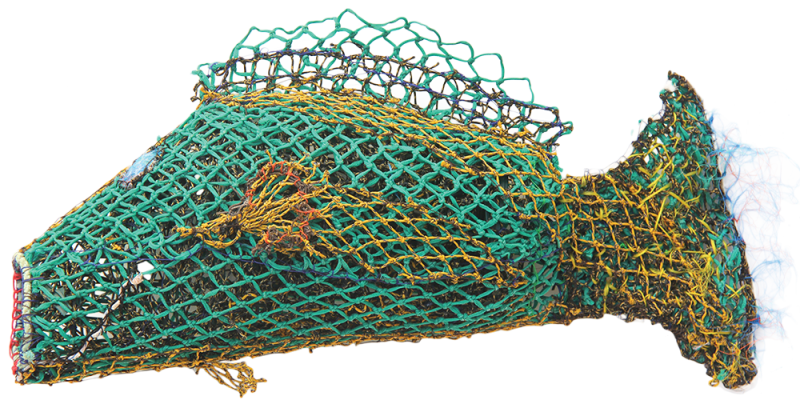 Australian Indigenous (Aboriginal and Torres Strait Islander) artwork by NANCY NAAWI of Erub Erwer Meta. The title is Elaine. [15-89] (Ghost Nets & Twine over Mesh Frame)