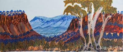 Australian Indigenous (Aboriginal and Torres Strait Islander) artwork by IVY PAREROULTJA of Ngurratjuta Iltja Ntjarra (Many Hands). The title is Ellery Creek Big Hole, NT. [252-10] (Watercolour with Board Backing)