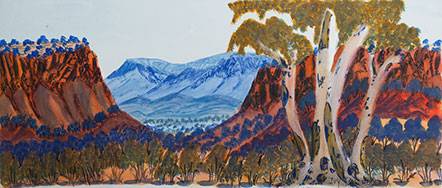 Australian Indigenous (Aboriginal and Torres Strait Islander) artwork by IVY PAREROULTJA of Ngurratjuta Iltja Ntjarra (Many Hands). The title is Ellery Creek Big Hole, NT. [252-10] (Watercolour with Board Backing)