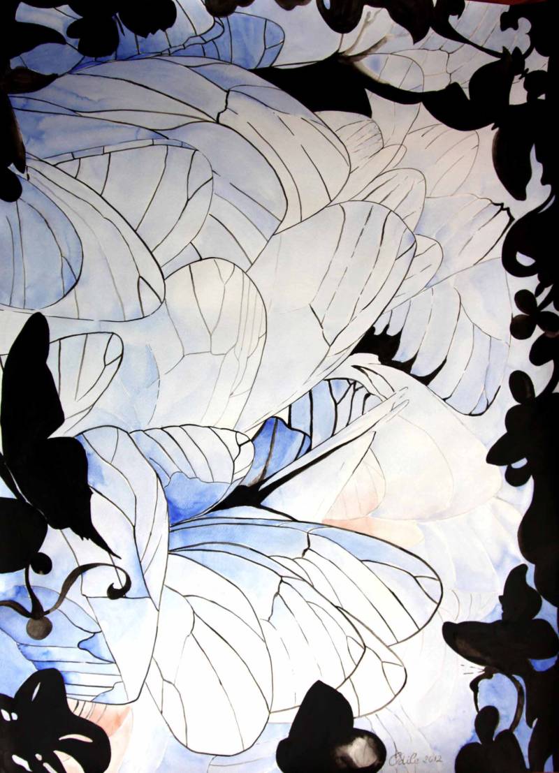 Australian Indigenous (Aboriginal and Torres Strait Islander) artwork by ODILE REGNIER of Miscellaneous Artists. The title is En cherchant le soleil. [IMG_1930] (Water colour on paper)