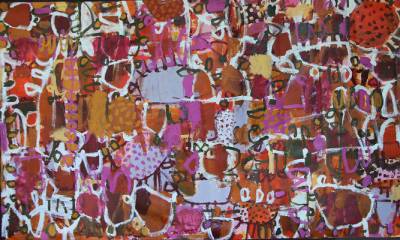 Australian Indigenous (Aboriginal and Torres Strait Islander) artwork by NAOMI HOBSON of Miscellaneous Artists. The title is End of November. [NH202009003] (Acrylic on Linen)