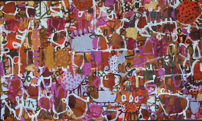 Australian Indigenous (Aboriginal and Torres Strait Islander) artwork by NAOMI HOBSON of Miscellaneous Artists. The title is End of November. [NH202009003] (Acrylic on Linen)