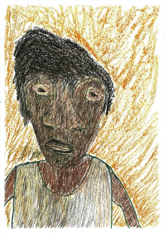 Australian Indigenous (Aboriginal and Torres Strait Islander) artwork by ADRIAN ROBERTSON of Mwerre Anthurre Artists (Bindi Inc). The title is Family in Yalpirakinu. [1147-22] (Pen/Pencil Drawing)