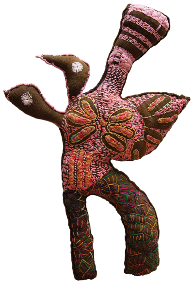 Australian Indigenous (Aboriginal and Torres Strait Islander) artwork by DULCIE SHARPE of Yarrenyty Arltere Artists (YALC). The title is Figure with Two Birds. [272-15] (Soft Sculpture)