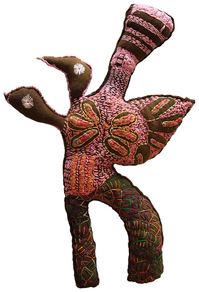 Australian Indigenous (Aboriginal and Torres Strait Islander) artwork by DULCIE SHARPE of Yarrenyty Arltere Artists (YALC). The title is Figure with Two Birds. [272-15] (Soft Sculpture)