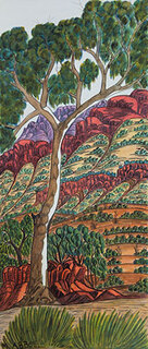 Australian Indigenous (Aboriginal and Torres Strait Islander) artwork by MARIE ABBOTT-RAMJOHN of Ngurratjuta Iltja Ntjarra (Many Hands). The title is Finke Gorge National Park, NT. [NGUR10MRA10622] (Watercolour with Board Backing)