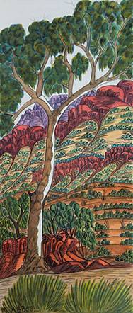 Australian Indigenous (Aboriginal and Torres Strait Islander) artwork by MARIE ABBOTT-RAMJOHN of Ngurratjuta Iltja Ntjarra (Many Hands). The title is Finke Gorge National Park, NT. [NGUR10MRA10622] (Watercolour with Board Backing)