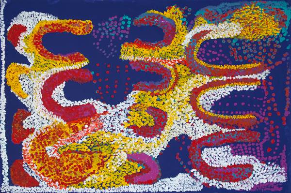 Australian Indigenous (Aboriginal and Torres Strait Islander) artwork by PAULA PAUL of Mornington Island Artists. The title is Fishtraps. [4193-L-PP-0409] (Synthetic Polymer Paint on Linen)