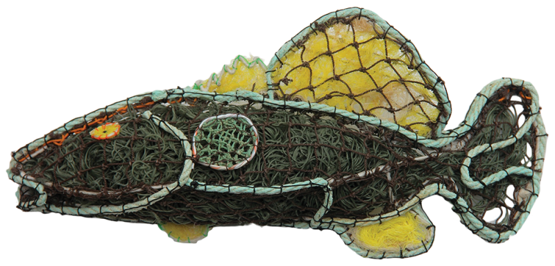 Australian Indigenous (Aboriginal and Torres Strait Islander) artwork by LORENZO KETCHELL of Erub Erwer Meta. The title is Flash. [15-104] (Ghost Nets & Twine over Mesh Frame)