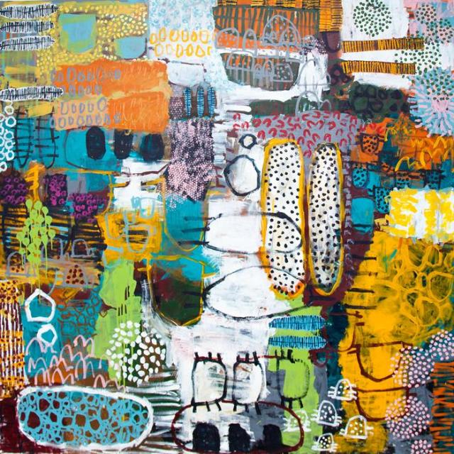 Australian Indigenous (Aboriginal and Torres Strait Islander) artwork by NAOMI HOBSON of Miscellaneous Artists. The title is Flood Plain. [NH201806007] (Acrylic on Linen)