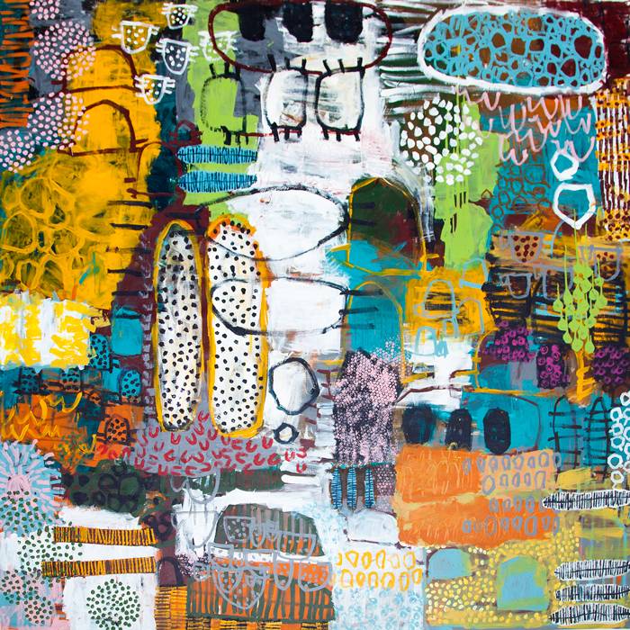 Australian Indigenous (Aboriginal and Torres Strait Islander) artwork by NAOMI HOBSON of Miscellaneous Artists. The title is Flood Plain. [NH201806007] (Acrylic on Linen)