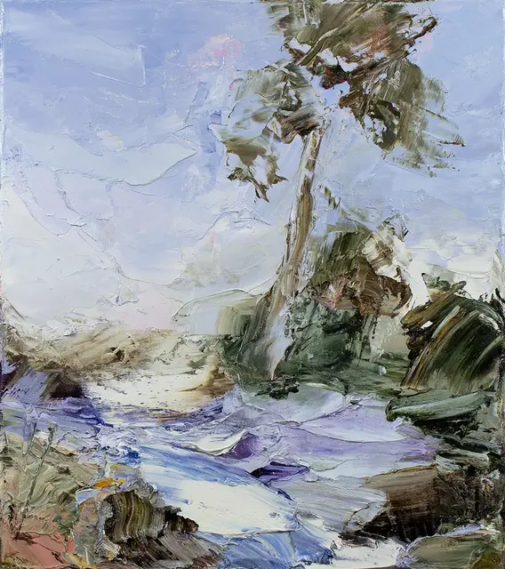 Australian Indigenous (Aboriginal and Torres Strait Islander) artwork by AARON KINNANE of Miscellaneous Artists. The title is Gloucester, River Run (Cool Clean Water). [AK201604004] (Oil on Linen)