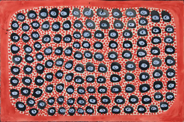 Australian Indigenous (Aboriginal and Torres Strait Islander) artwork by JANANGOO BUTCHER CHEREL of Mangkaja Artists. The title is Girndi. [wp402/04] (Acrylic Gouache on Paper)