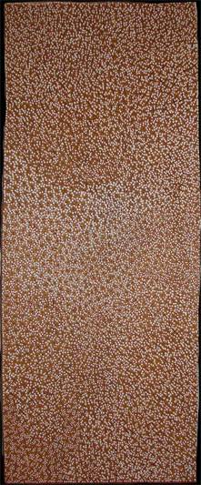 Australian Indigenous (Aboriginal and Torres Strait Islander) artwork by GULUMBU YUNUPINGU of Buku-Larrnggay Mulka (Yirrkala). The title is Ganyu. [3662L] (Bark Painting)