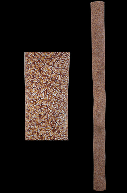 Australian Indigenous (Aboriginal and Torres Strait Islander) artwork by GULUMBU YUNUPINGU of Buku-Larrnggay Mulka (Yirrkala). The title is Ganyu. [3671P] (Earth Pigments on Hollow Log)