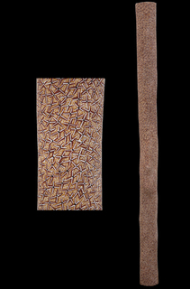 Australian Indigenous (Aboriginal and Torres Strait Islander) artwork by GULUMBU YUNUPINGU of Buku-Larrnggay Mulka (Yirrkala). The title is Ganyu. [3671P] (Earth Pigments on Hollow Log)