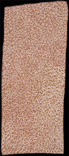 Australian Indigenous (Aboriginal and Torres Strait Islander) artwork by GULUMBU YUNUPINGU of Buku-Larrnggay Mulka (Yirrkala). The title is Ganyu. [3697T] (Bark Painting)