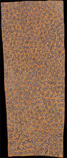 Australian Indigenous (Aboriginal and Torres Strait Islander) artwork by GULUMBU YUNUPINGU of Buku-Larrnggay Mulka (Yirrkala). The title is Ganyu. [3698M] (Bark Painting)
