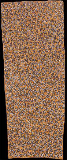 Australian Indigenous (Aboriginal and Torres Strait Islander) artwork by GULUMBU YUNUPINGU of Buku-Larrnggay Mulka (Yirrkala). The title is Ganyu. [3698M] (Bark Painting)