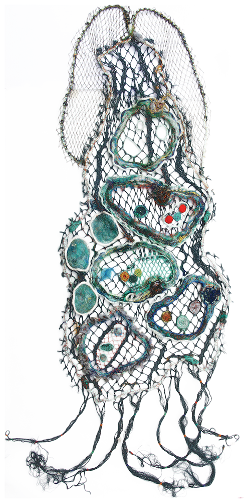 Australian Indigenous (Aboriginal and Torres Strait Islander) artwork by ELLAROSE SAVAGE of Erub Erwer Meta. The title is Ged Norr (Home Reef). [15-18] (Ghost Nets & Twine)