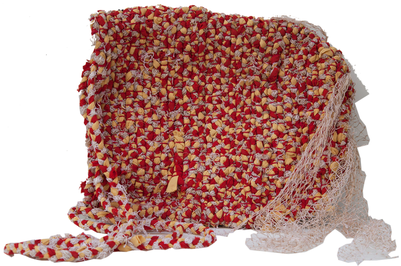 Australian Indigenous (Aboriginal and Torres Strait Islander) artwork by SARAH DAWN GELA of Erub Erwer Meta. The title is Ghost Net Bag. [14-61] (Ghost Nets and Fabric)
