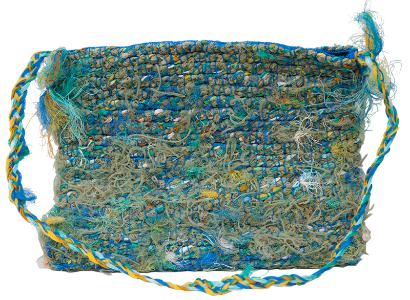 Australian Indigenous (Aboriginal and Torres Strait Islander) artwork by RACHEL EMMA GELA of Erub Erwer Meta. The title is Ghost Net Bag. [14-60] (Ghost Nets)